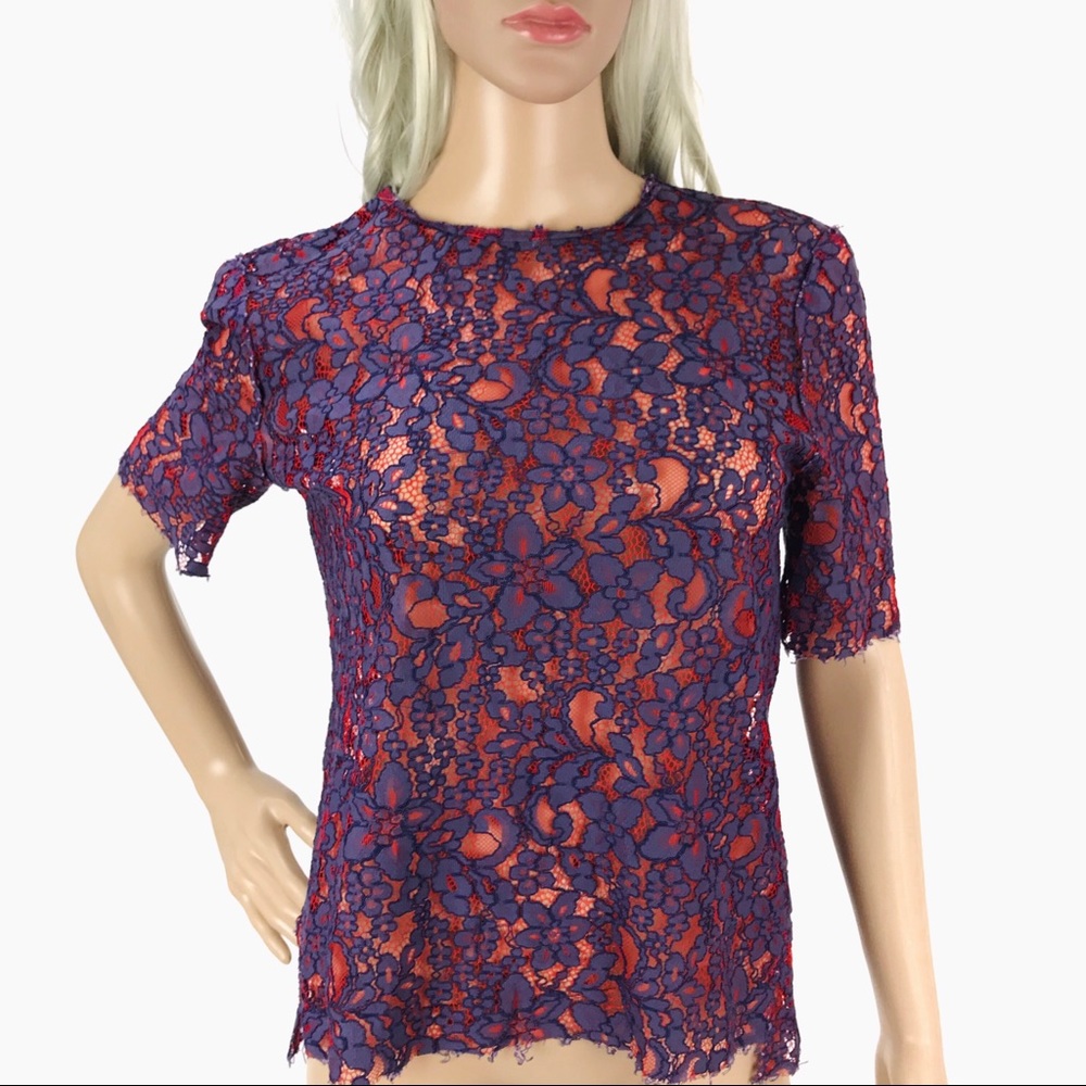 3/$20 🌸 Zara Red + Purple Floral Lace Short Sleeve Top